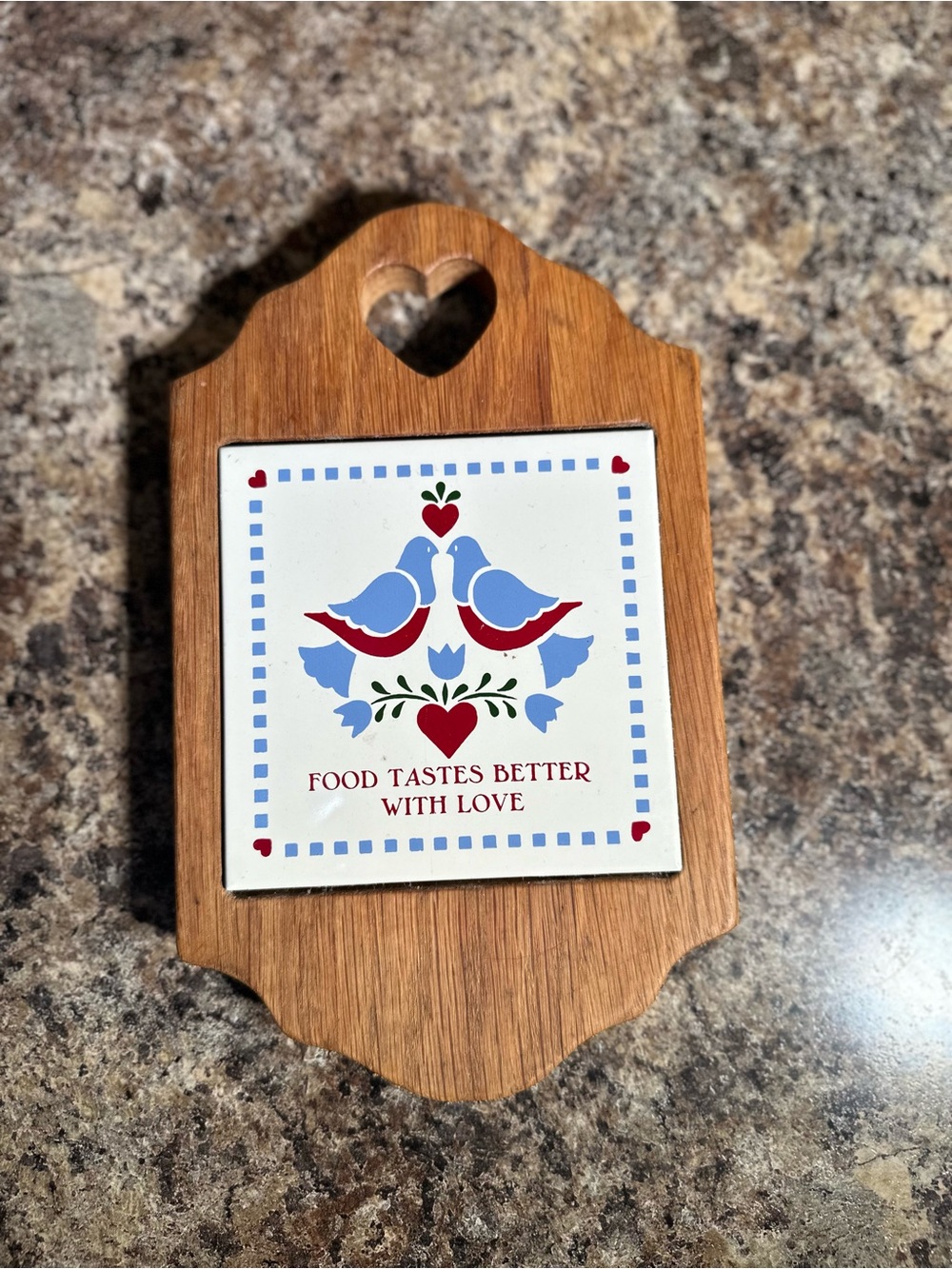 Vintage Wooden Wall Plaque/Trivet with Decorative Tile - Blue & Red Heart Motif